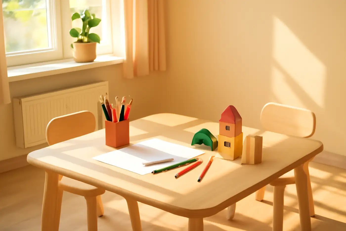Lichte werkruimte met potloden, papier en houten speelgoed